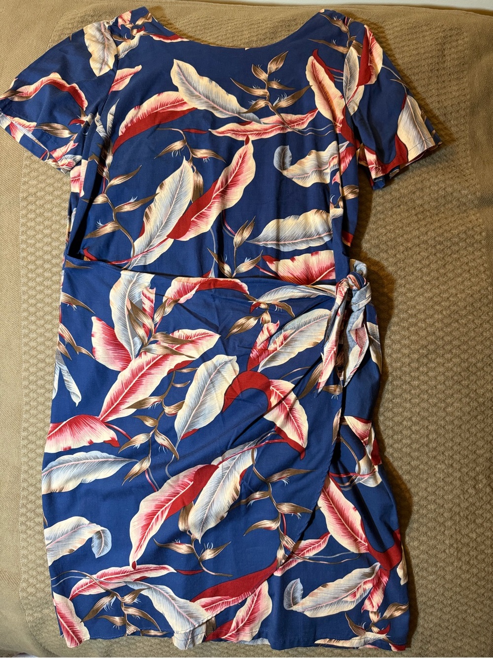 Hilo Hattie Navy Tropical Leaf Wrap Dress with Red & Cream Accents